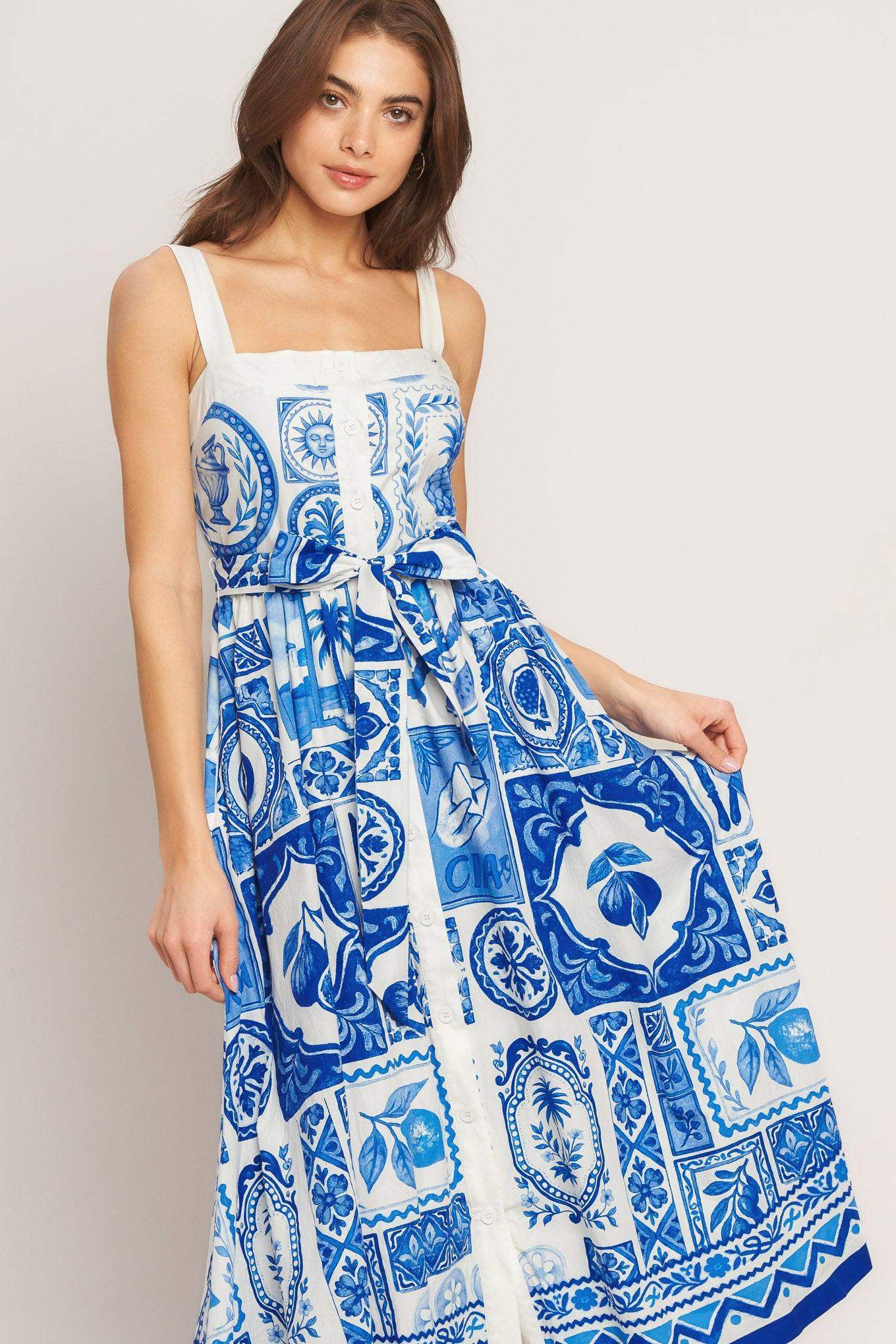 BLUE MAJOLICA CHARM WOVEN MIDI DRESS - Flying Tomato - Flyclothing LLC