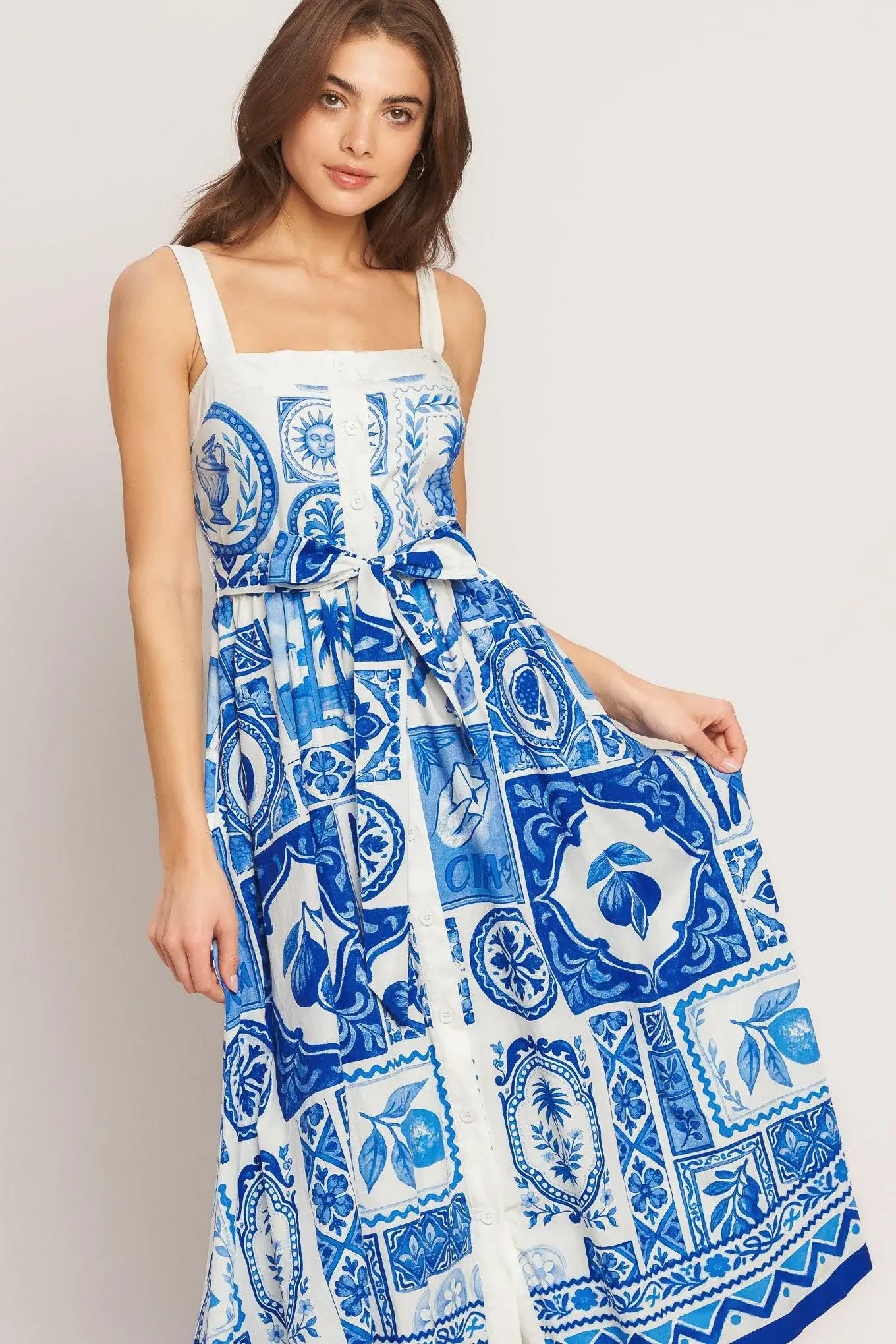 BLUE MAJOLICA CHARM WOVEN MIDI DRESS - Flying Tomato - Flyclothing LLC
