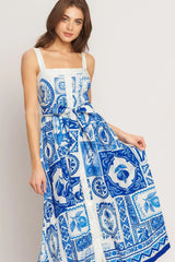 BLUE MAJOLICA CHARM WOVEN MIDI DRESS - Flying Tomato - Flyclothing LLC