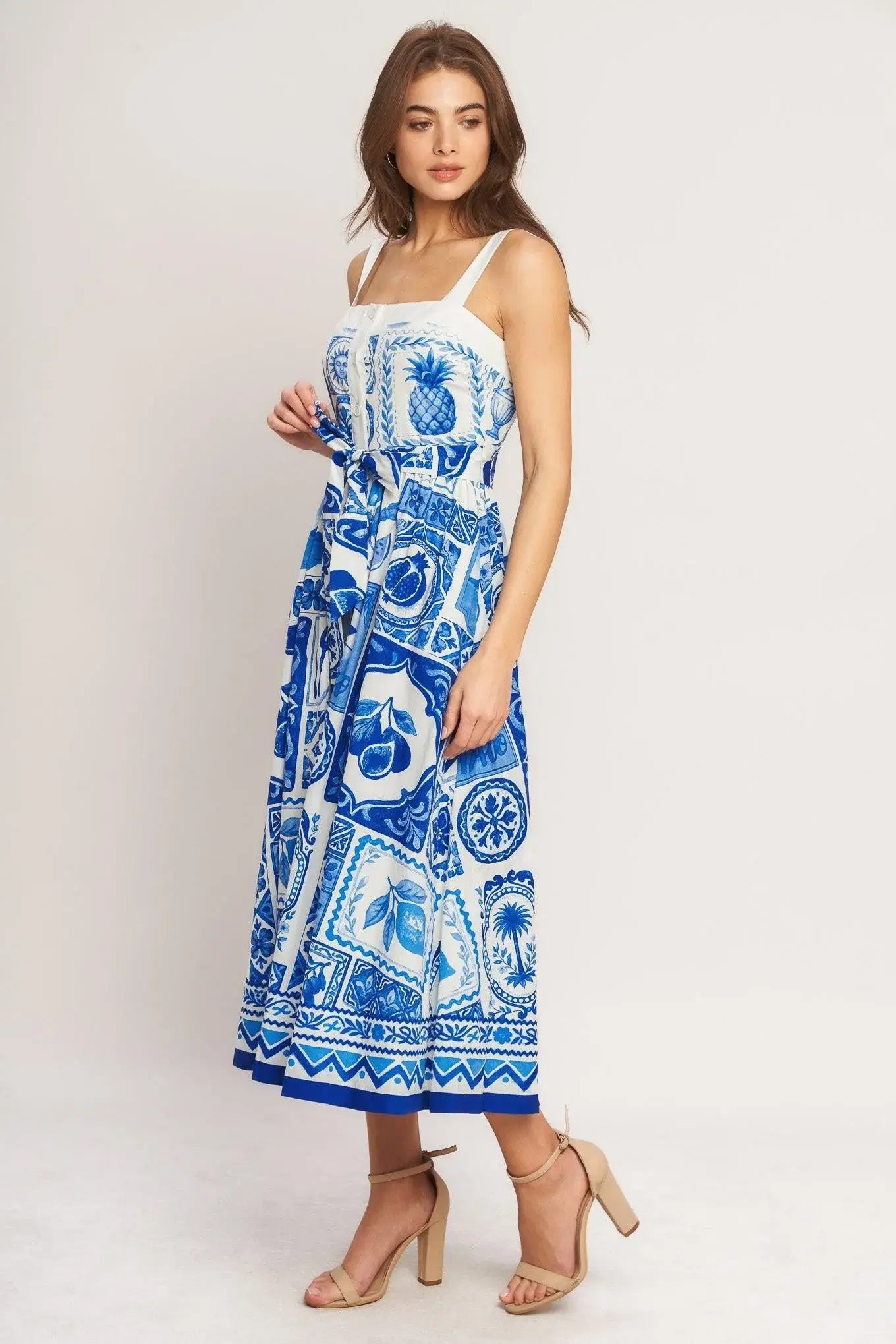 BLUE MAJOLICA CHARM WOVEN MIDI DRESS - Flying Tomato - Flyclothing LLC