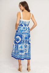 BLUE MAJOLICA CHARM WOVEN MIDI DRESS - Flying Tomato - Flyclothing LLC