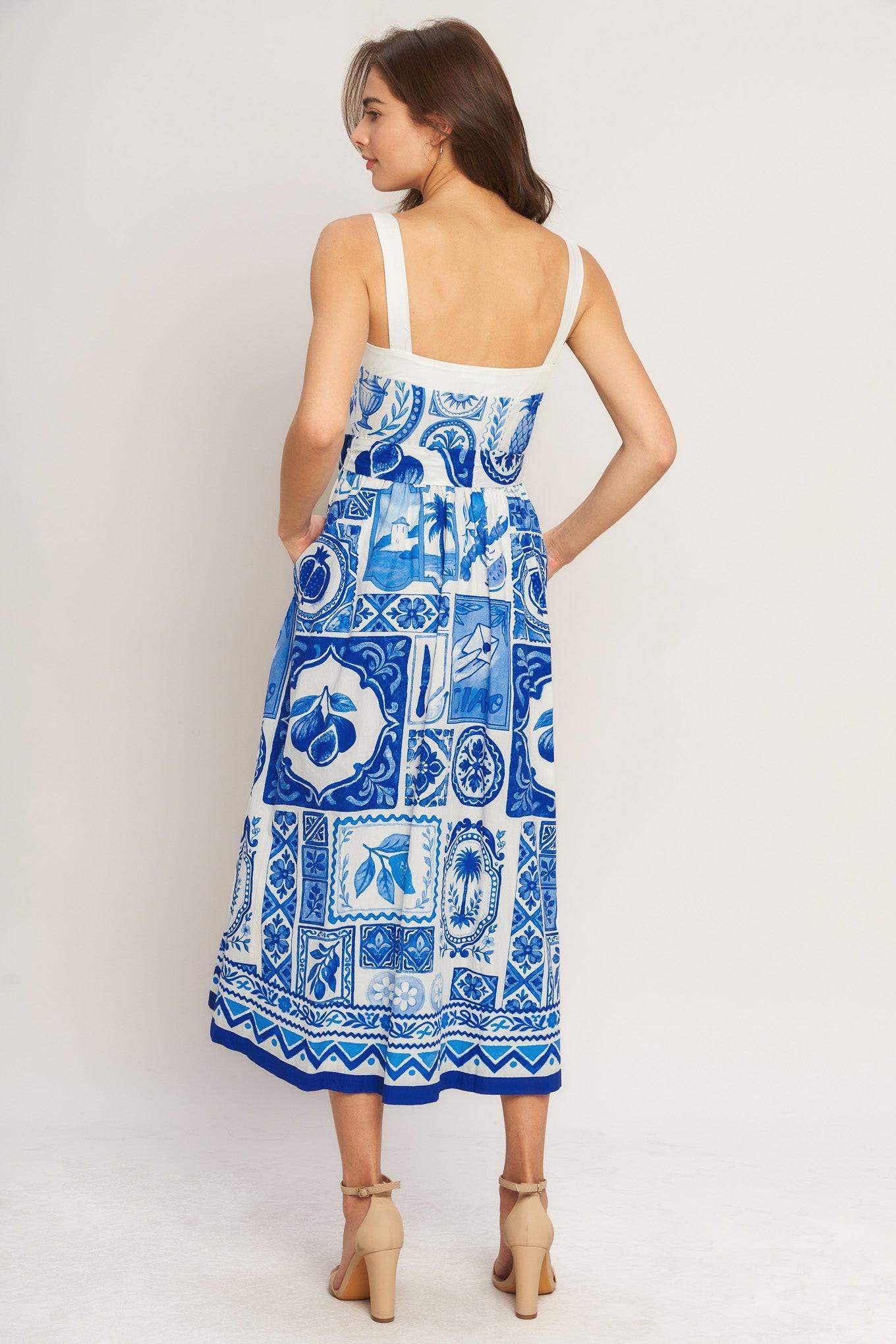 BLUE MAJOLICA CHARM WOVEN MIDI DRESS - Flying Tomato - Flyclothing LLC