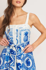 BLUE MAJOLICA CHARM WOVEN MIDI DRESS - Flying Tomato - Flyclothing LLC