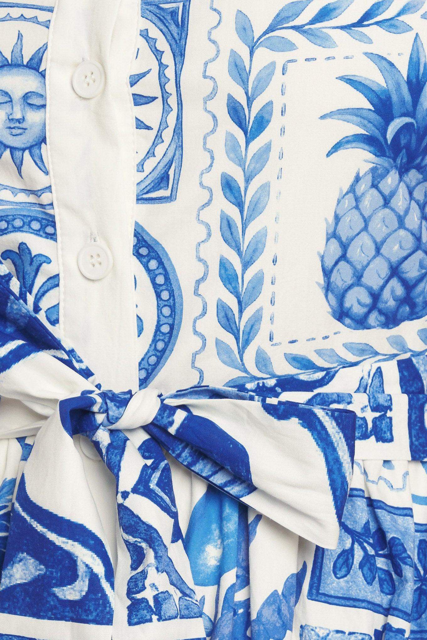 BLUE MAJOLICA CHARM WOVEN MIDI DRESS - Flying Tomato - Flyclothing LLC