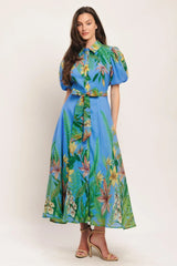 PALM SERENADE BLUE WOVEN MIDI DRESS - Flying Tomato - Flyclothing LLC