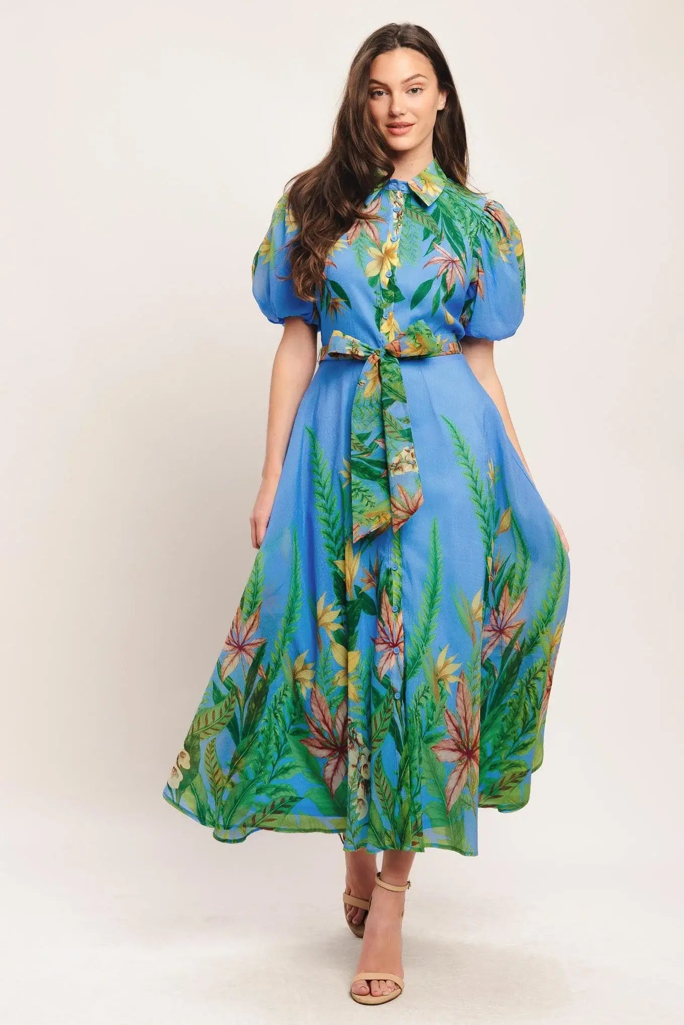 PALM SERENADE BLUE WOVEN MIDI DRESS - Flying Tomato - Flyclothing LLC