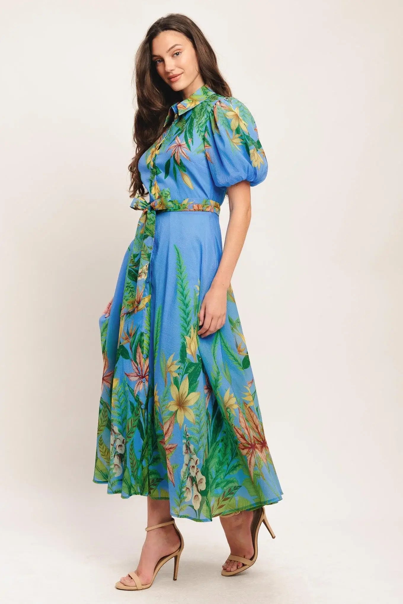 PALM SERENADE BLUE WOVEN MIDI DRESS - Flying Tomato - Flyclothing LLC