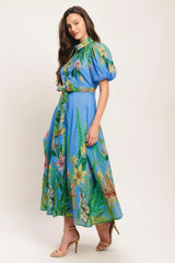 PALM SERENADE BLUE WOVEN MIDI DRESS - Flying Tomato - Flyclothing LLC