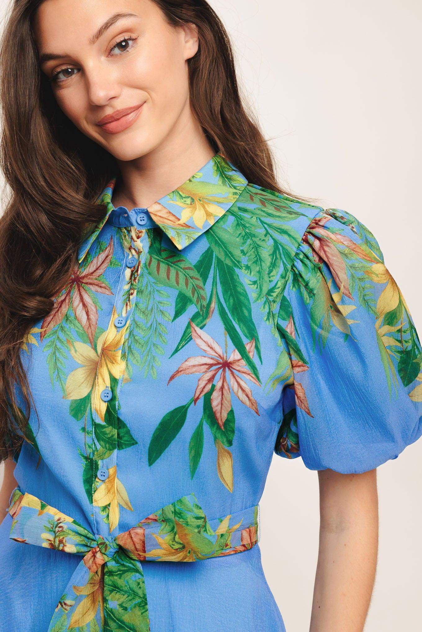 PALM SERENADE BLUE WOVEN MIDI DRESS - Flying Tomato - Flyclothing LLC