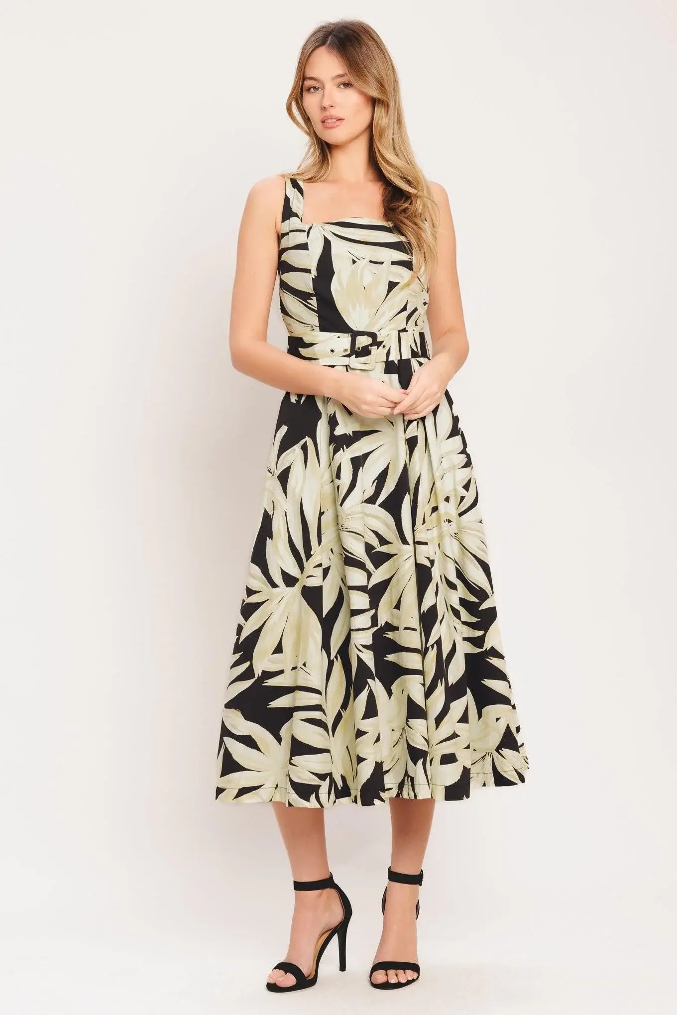 MONO LEAF STATEMENT WOVEN MIDI DRESS - Flying Tomato - Flyclothing LLC