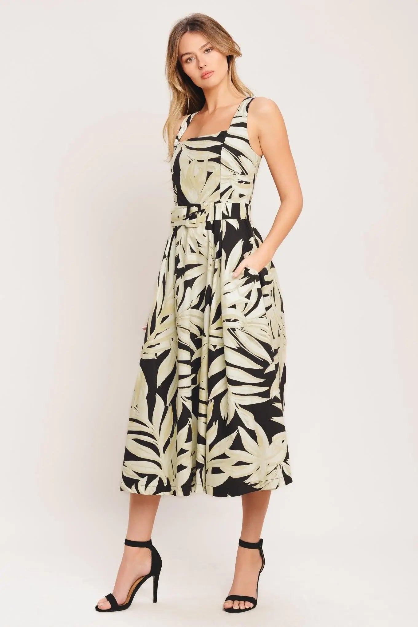 MONO LEAF STATEMENT WOVEN MIDI DRESS - Flying Tomato - Flyclothing LLC
