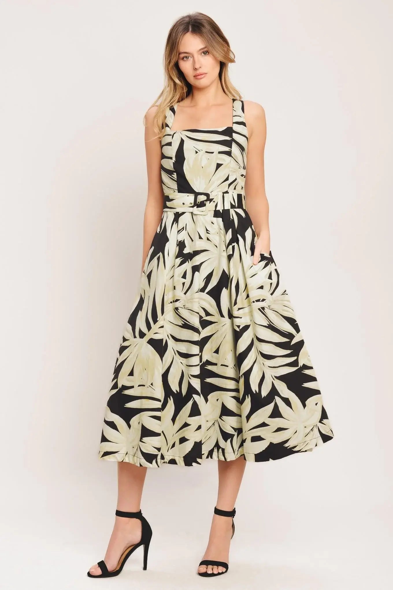 MONO LEAF STATEMENT WOVEN MIDI DRESS - Flying Tomato - Flyclothing LLC