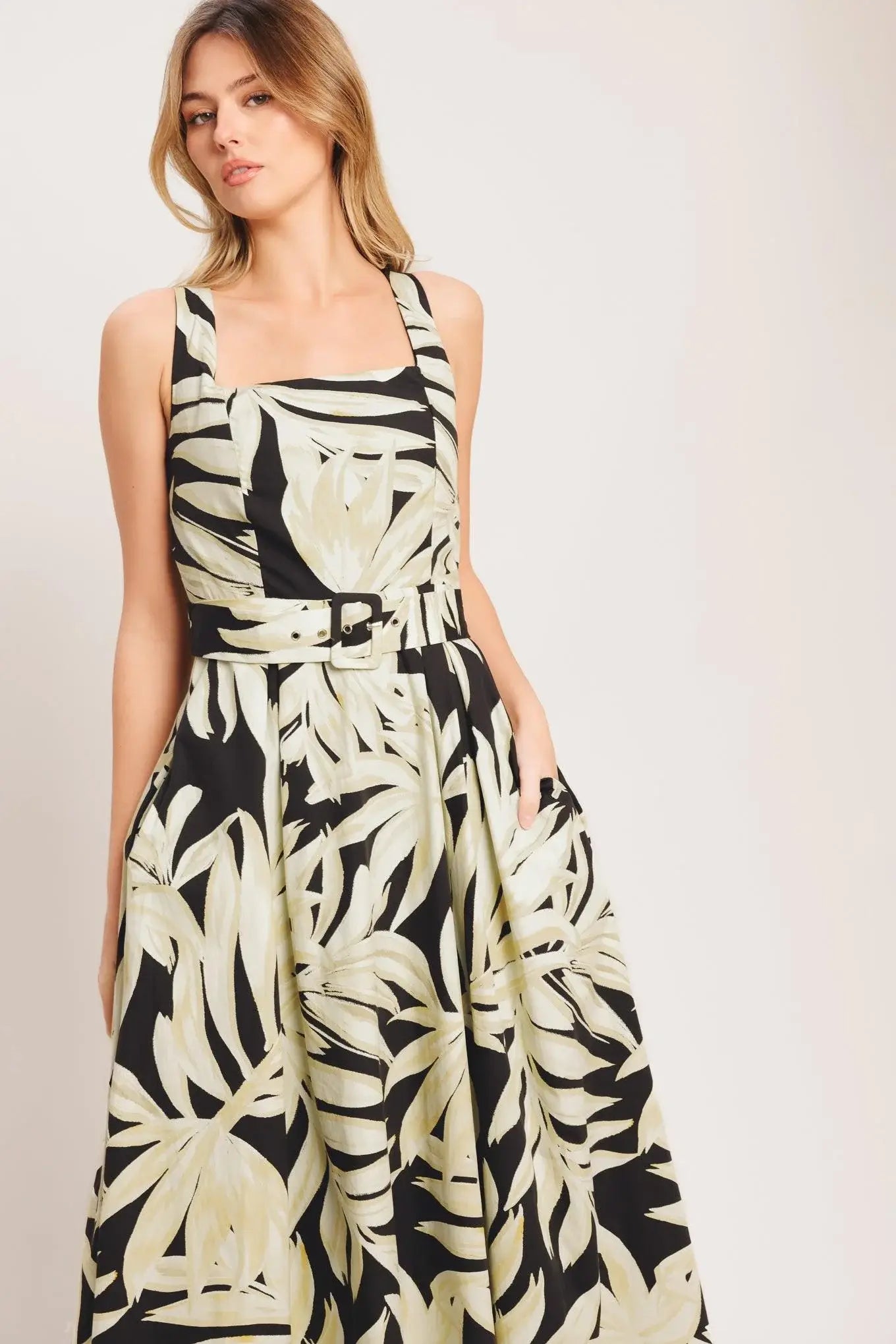 MONO LEAF STATEMENT WOVEN MIDI DRESS - Flying Tomato - Flyclothing LLC
