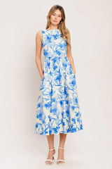 PORCELAIN FLORAL WOVEN MIDI DRESS - Flying Tomato - Flyclothing LLC