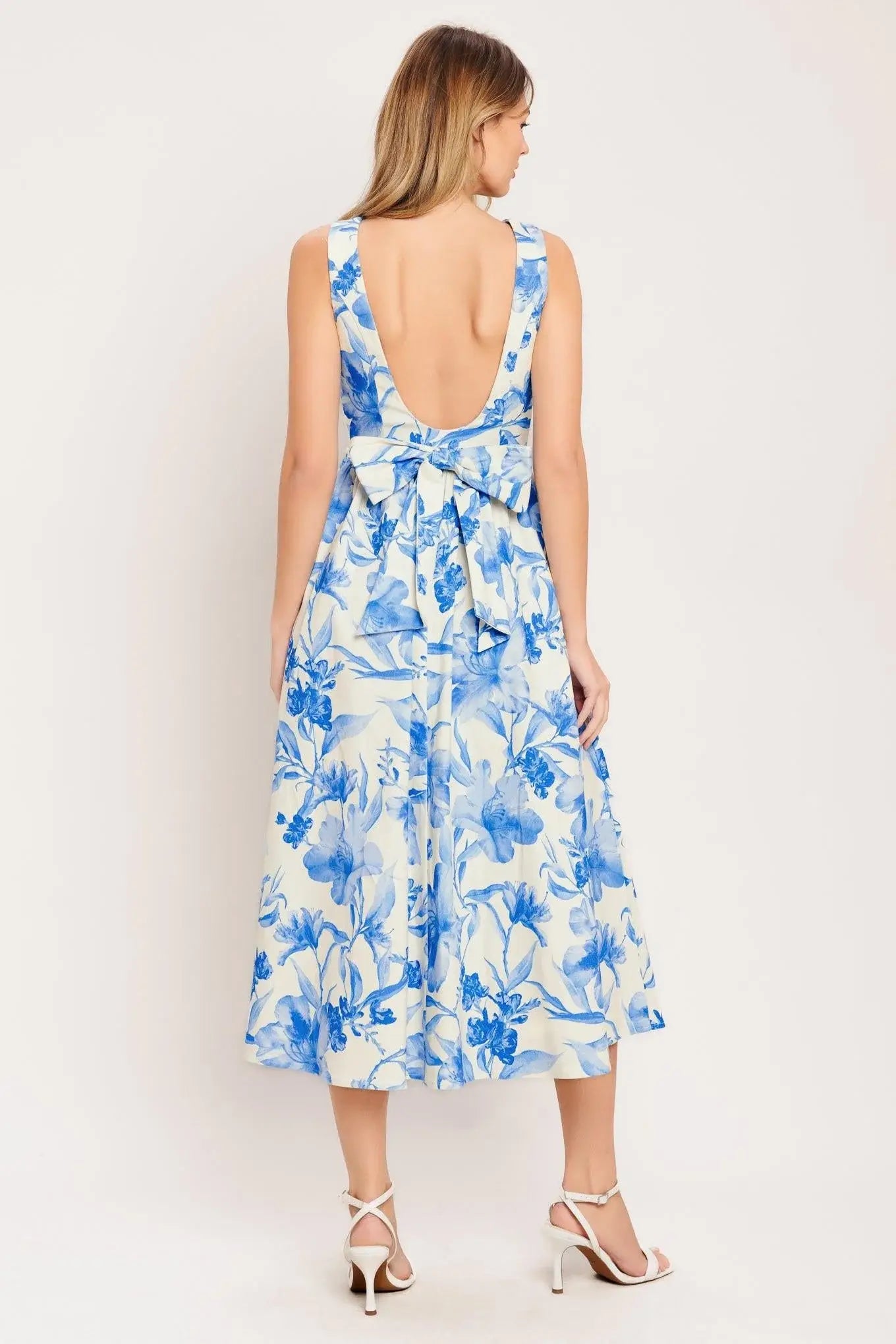 PORCELAIN FLORAL WOVEN MIDI DRESS - Flying Tomato - Flyclothing LLC