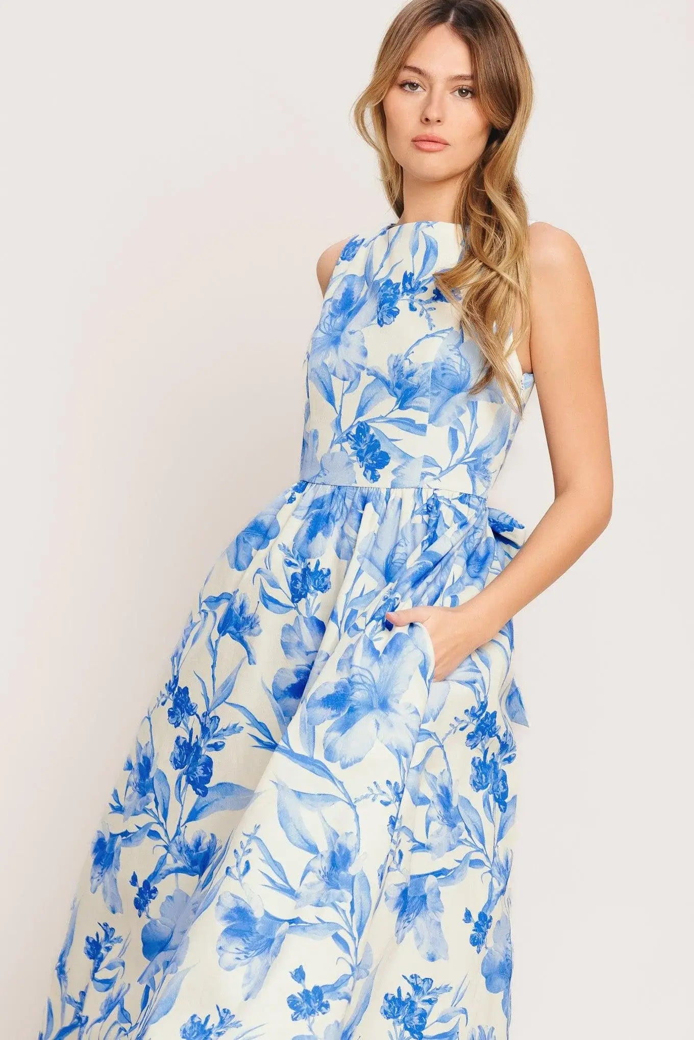 PORCELAIN FLORAL WOVEN MIDI DRESS - Flying Tomato - Flyclothing LLC