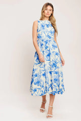 PORCELAIN FLORAL WOVEN MIDI DRESS - Flying Tomato - Flyclothing LLC