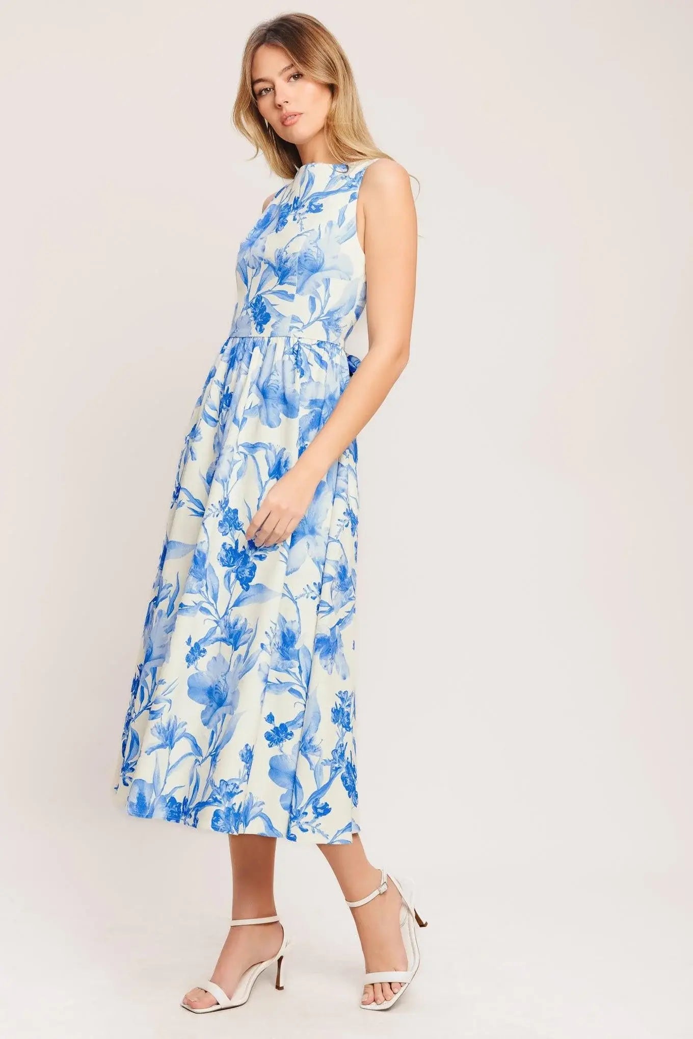 PORCELAIN FLORAL WOVEN MIDI DRESS - Flying Tomato - Flyclothing LLC