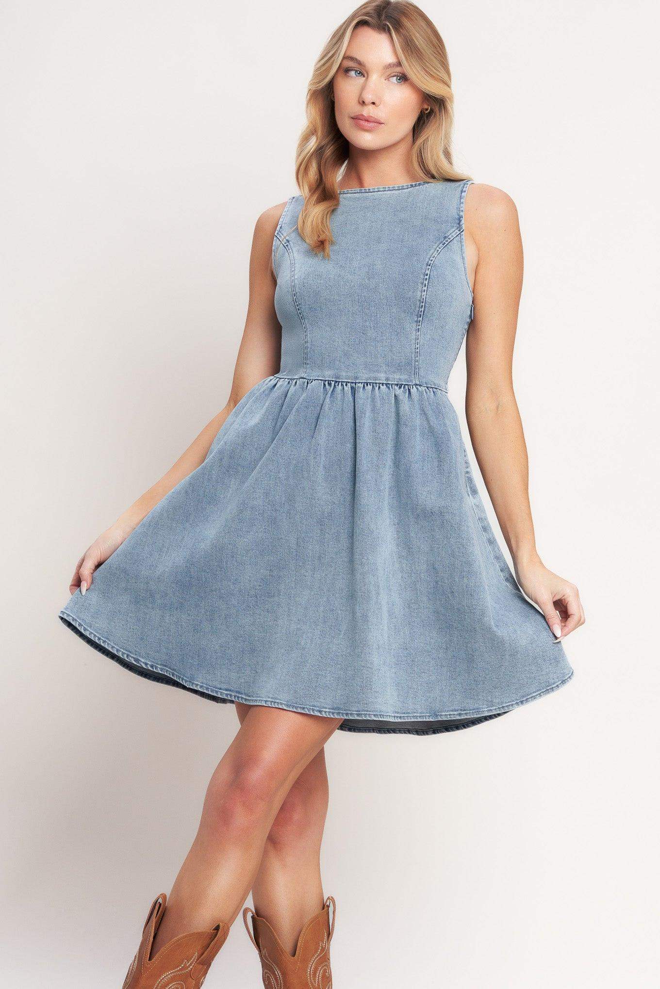 CASUAL POLISHED DENIM MINI DRESS - Flying Tomato - Flyclothing LLC