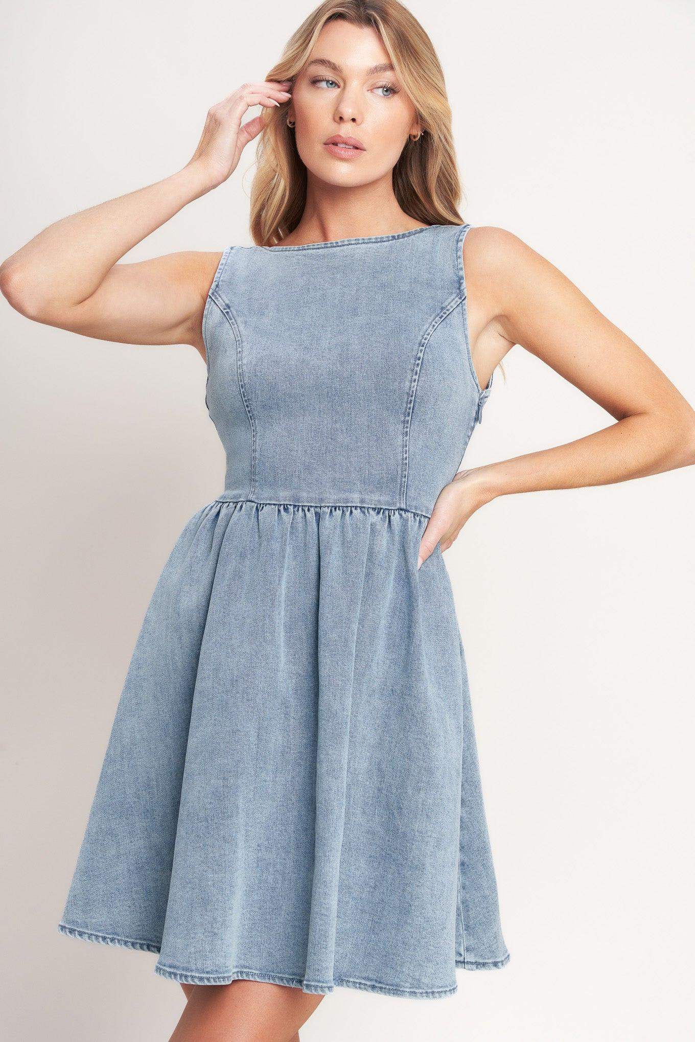 CASUAL POLISHED DENIM MINI DRESS - Flying Tomato - Flyclothing LLC