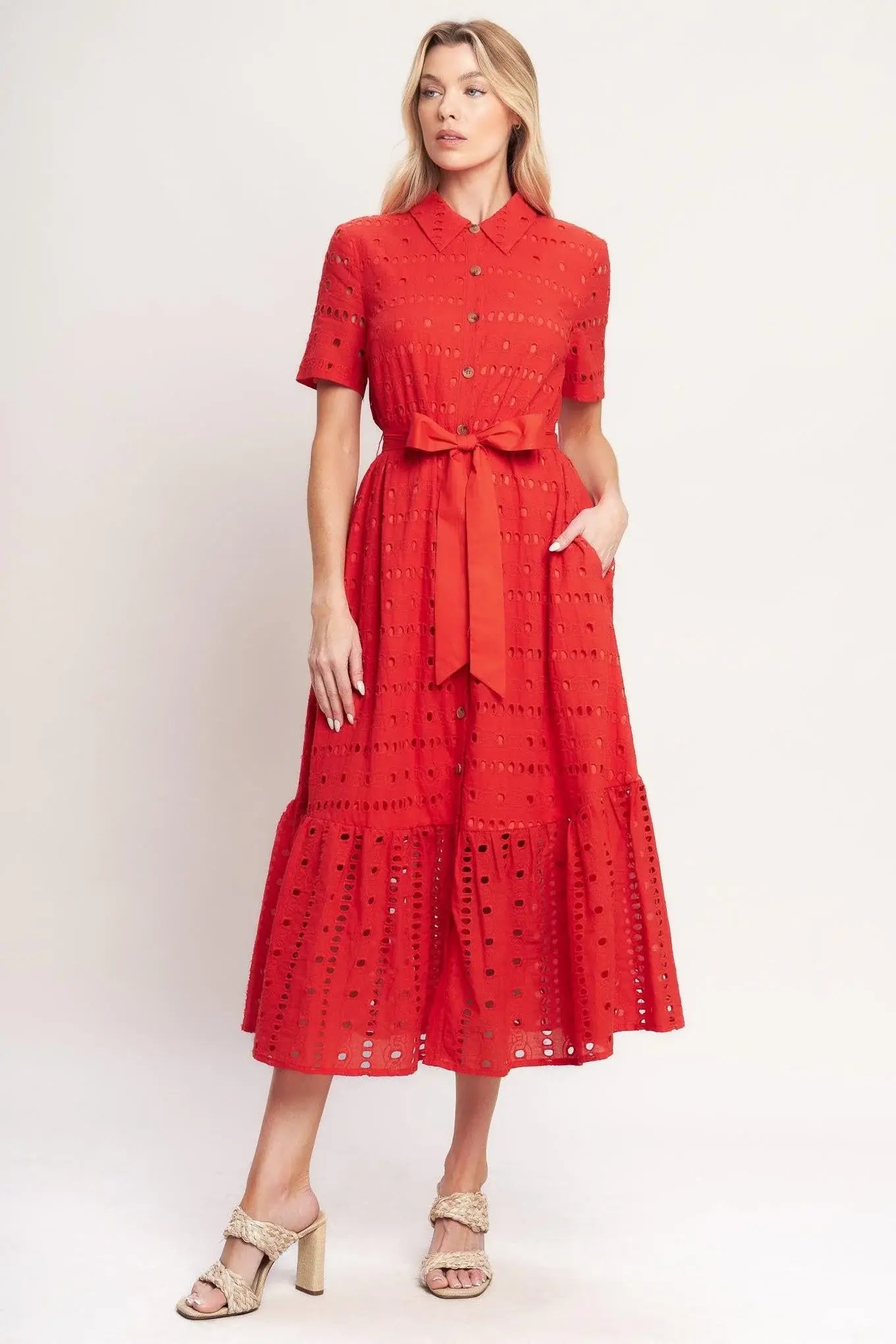 POWER SCARLET WOVEN EYELET MIDI DRESS - Flying Tomato - Flyclothing LLC