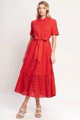 POWER SCARLET WOVEN EYELET MIDI DRESS - Flying Tomato - Flyclothing LLC