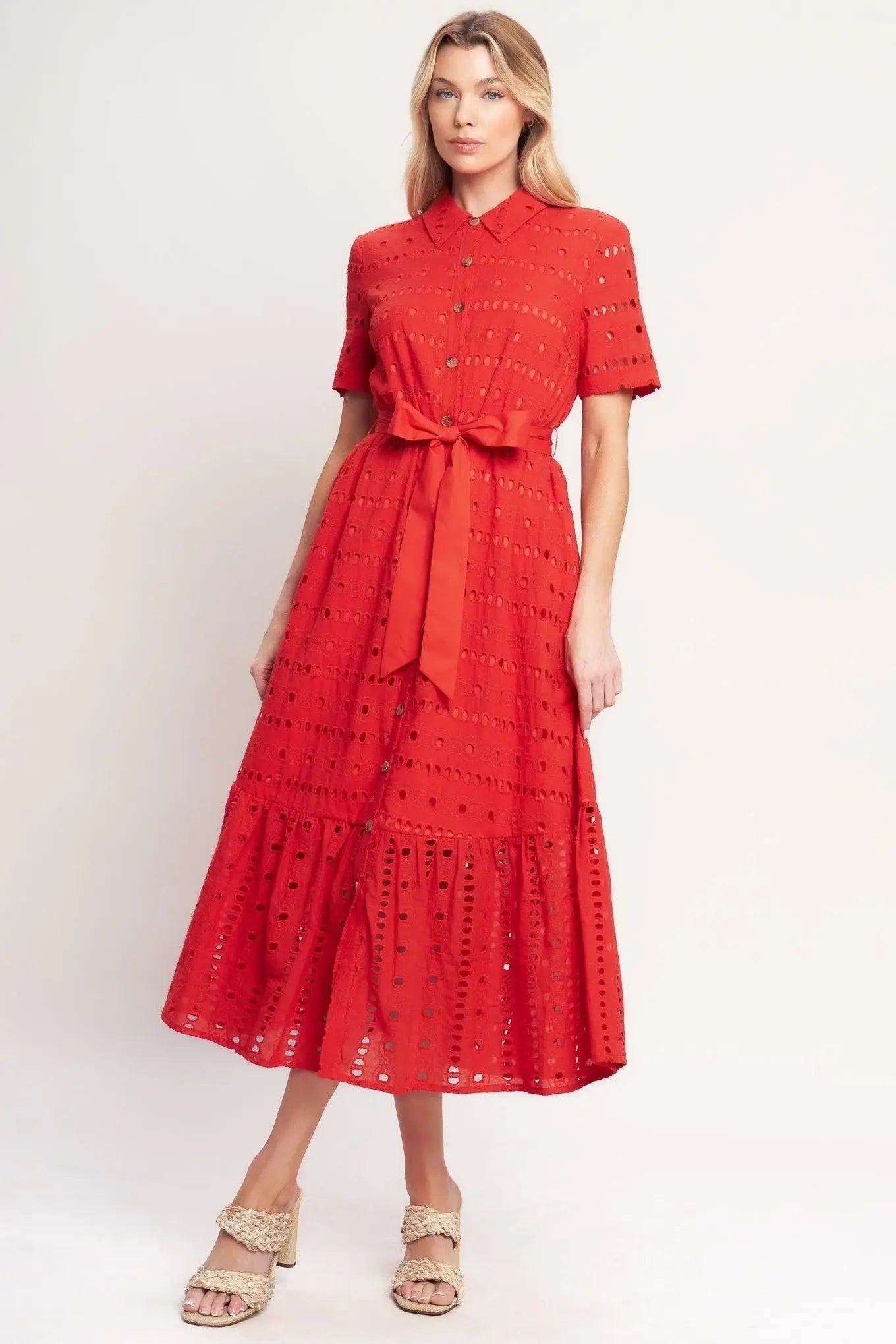 POWER SCARLET WOVEN EYELET MIDI DRESS - Flying Tomato - Flyclothing LLC