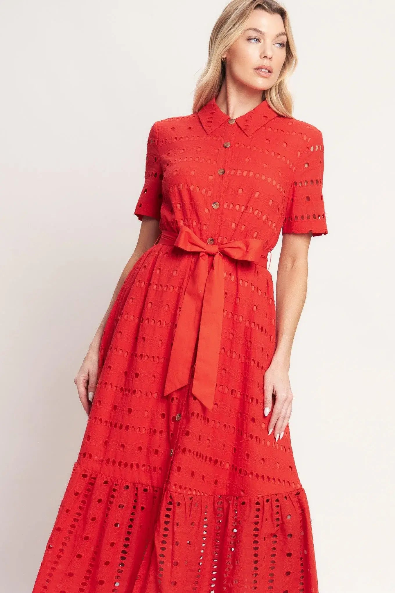 POWER SCARLET WOVEN EYELET MIDI DRESS - Flying Tomato - Flyclothing LLC