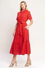 POWER SCARLET WOVEN EYELET MIDI DRESS - Flying Tomato - Flyclothing LLC