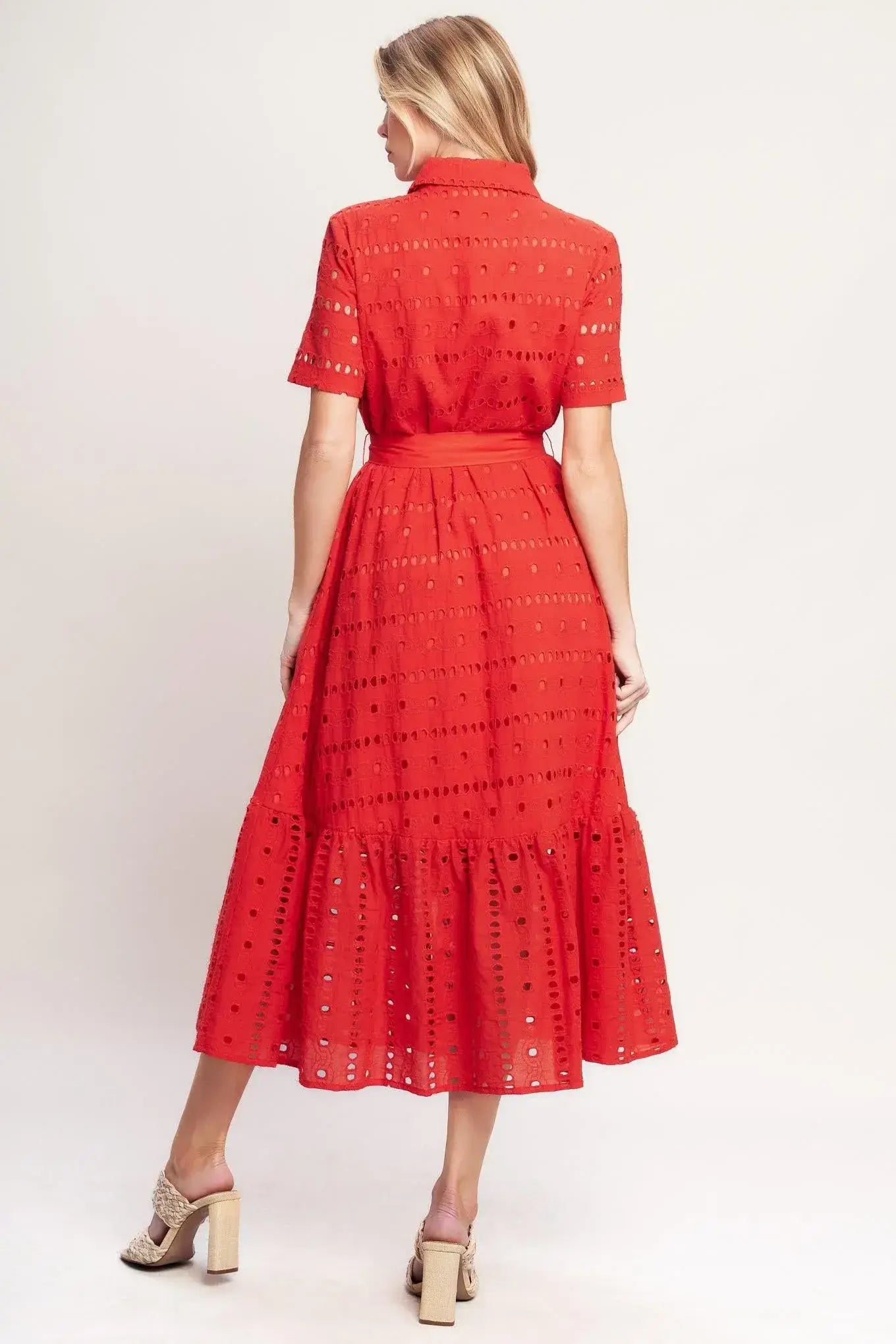 POWER SCARLET WOVEN EYELET MIDI DRESS - Flying Tomato - Flyclothing LLC