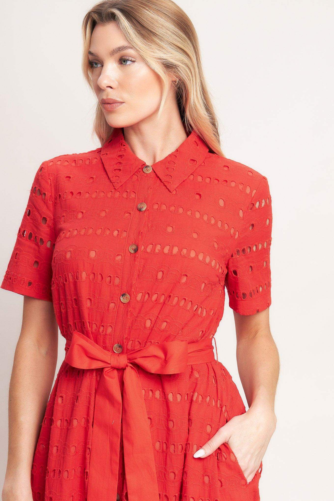 POWER SCARLET WOVEN EYELET MIDI DRESS - Flying Tomato - Flyclothing LLC