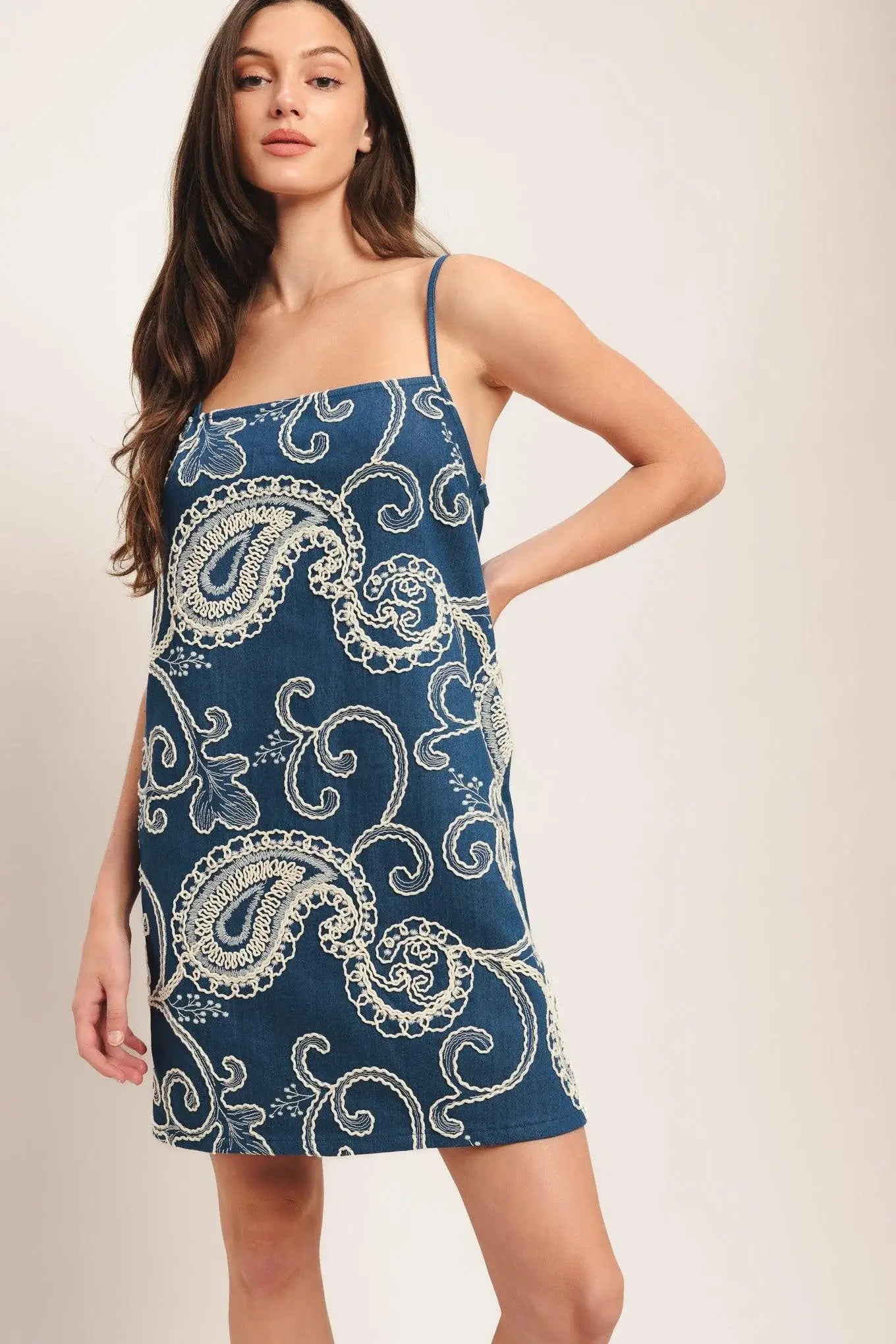 SEA BREEZE PAISLEY DENIM MINI DRESS - Flying Tomato - Flyclothing LLC