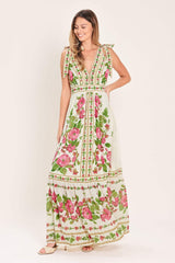 ROSE VINE ROMANCE WOVEN MAXI DRESS - Flying Tomato - Flyclothing LLC