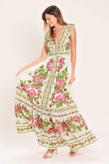ROSE VINE ROMANCE WOVEN MAXI DRESS - Flying Tomato - Flyclothing LLC