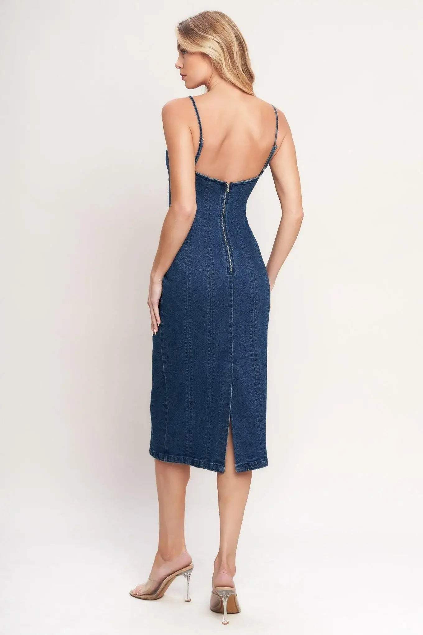CITY LIGHTS DENIM MIDI DRESS - Flying Tomato - Flyclothing LLC