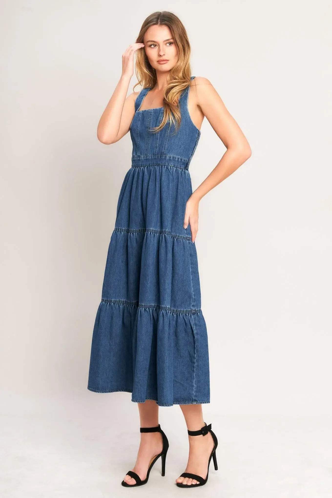 EVERYDAY ROMANCE DENIM MIDI DRESS - Flying Tomato - Flyclothing LLC