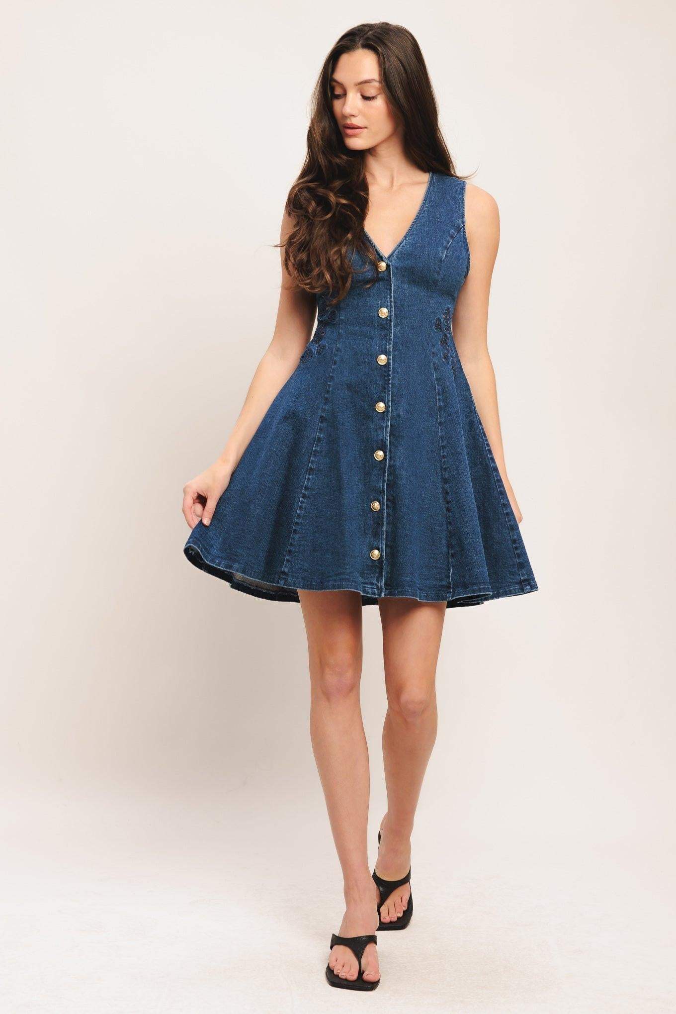 INDIGO FLARE DENIM MINI DRESS - Flying Tomato - Flyclothing LLC