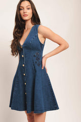 INDIGO FLARE DENIM MINI DRESS - Flying Tomato - Flyclothing LLC