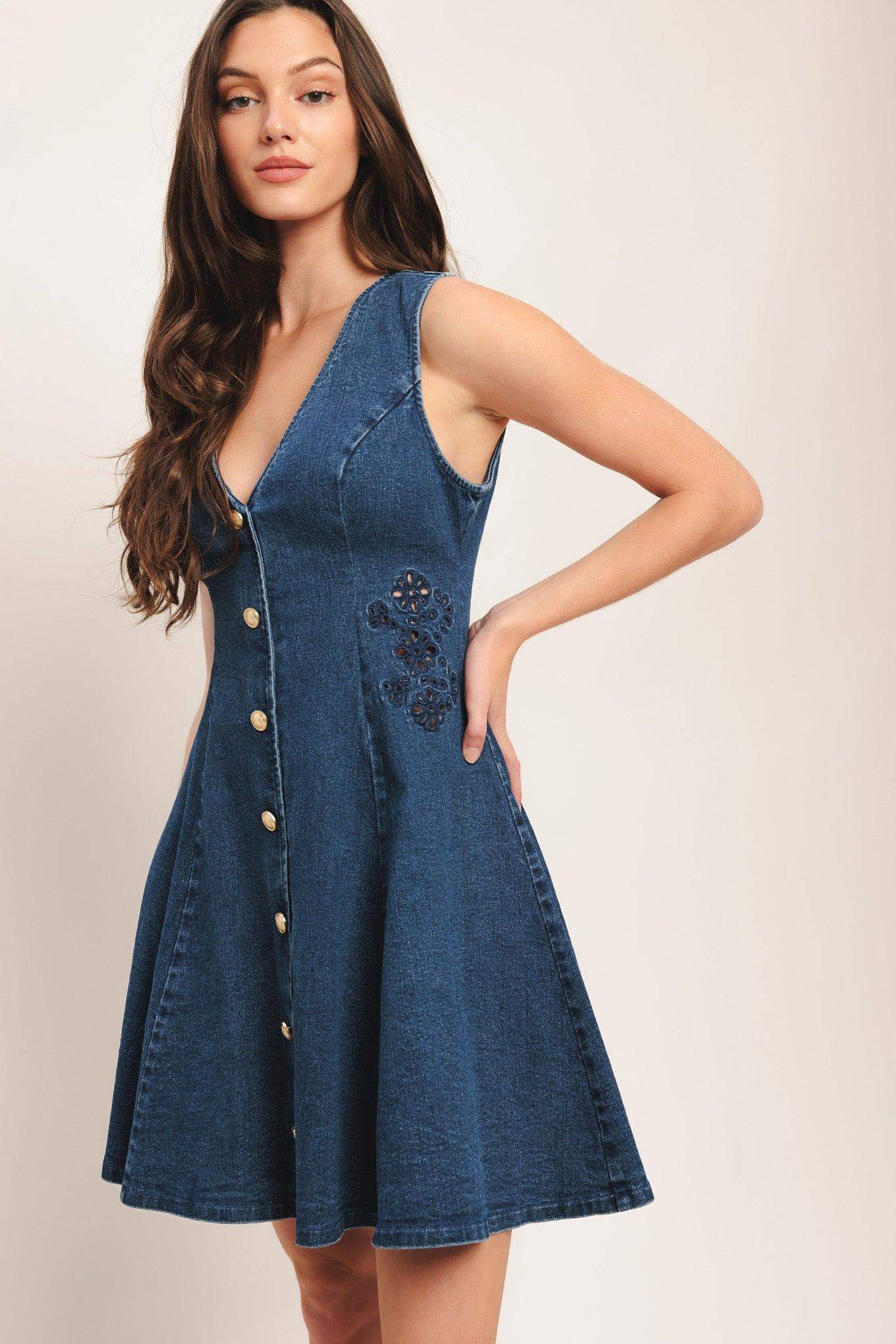 INDIGO FLARE DENIM MINI DRESS - Flying Tomato - Flyclothing LLC