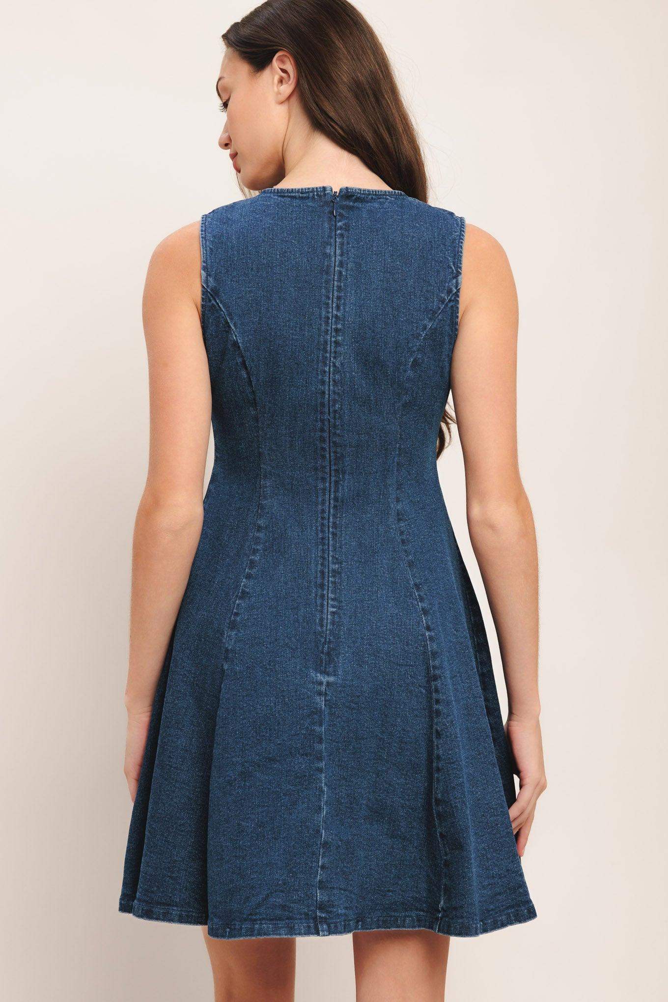 INDIGO FLARE DENIM MINI DRESS - Flying Tomato - Flyclothing LLC