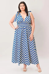 BLUE VOYAGE STRIPE WOVEN MIDI DRESS - Flying Tomato - Flyclothing LLC
