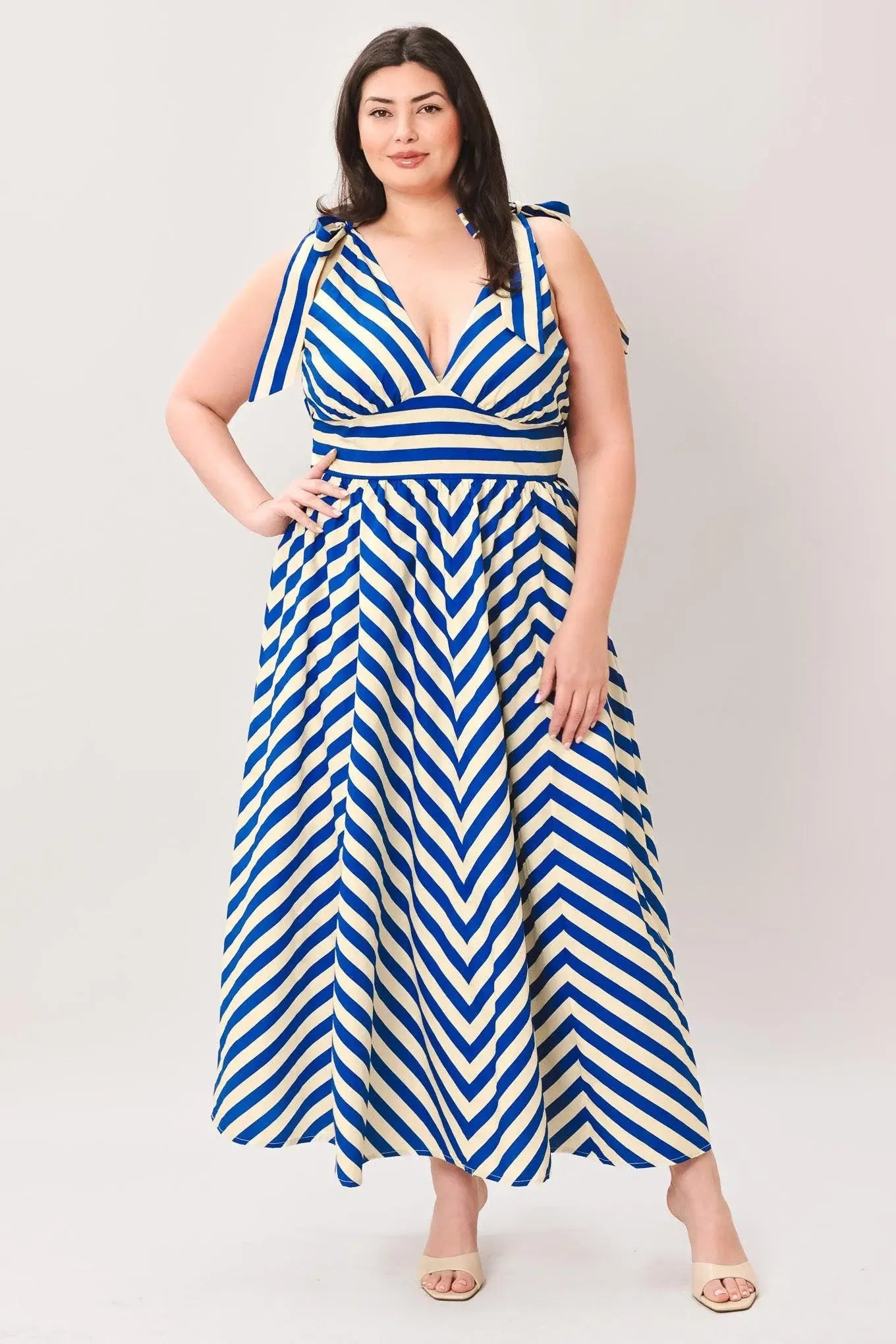 BLUE VOYAGE STRIPE WOVEN MIDI DRESS - Flying Tomato - Flyclothing LLC