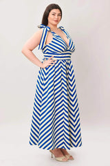 BLUE VOYAGE STRIPE WOVEN MIDI DRESS - Flying Tomato - Flyclothing LLC
