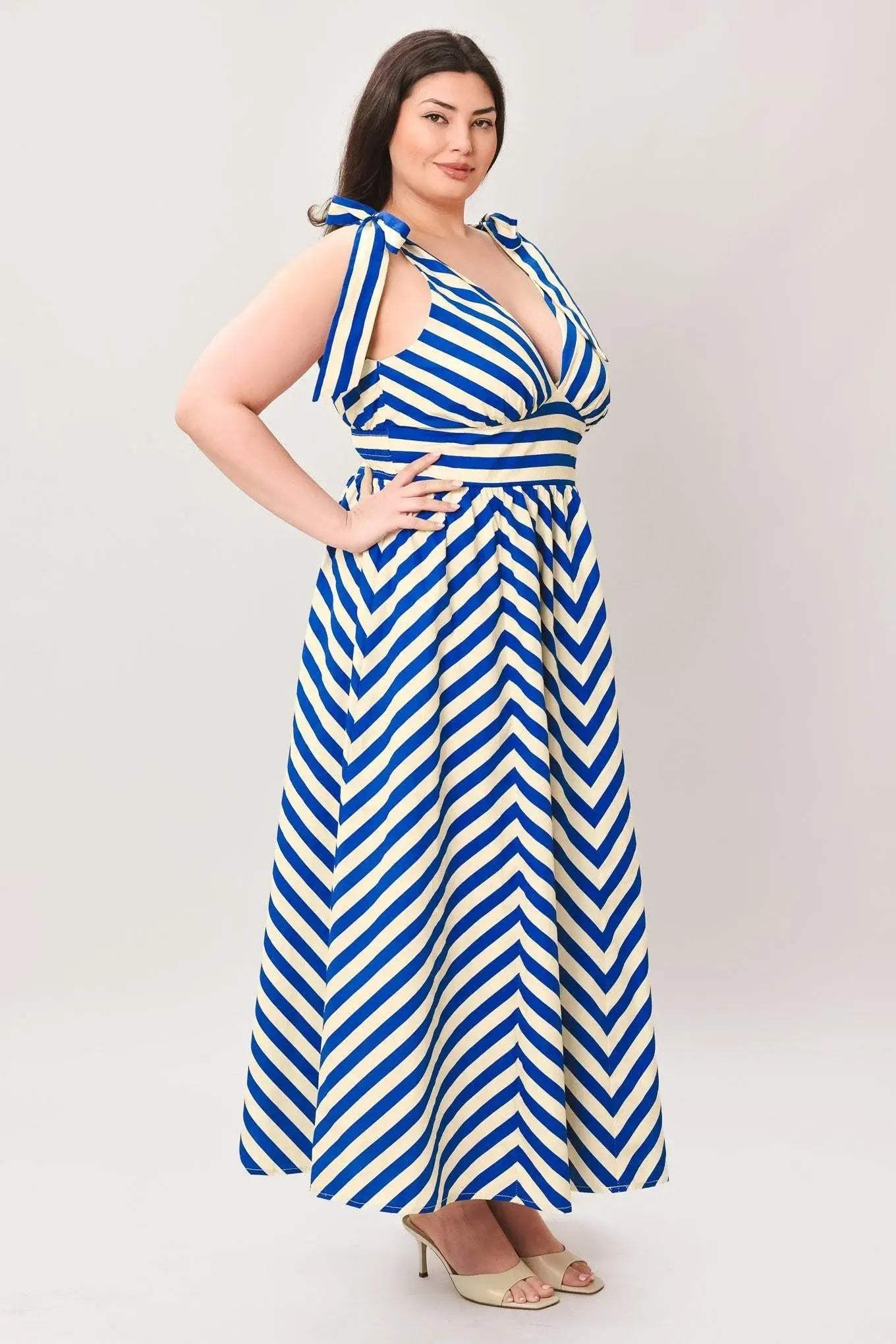 BLUE VOYAGE STRIPE WOVEN MIDI DRESS - Flying Tomato - Flyclothing LLC