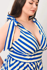BLUE VOYAGE STRIPE WOVEN MIDI DRESS - Flying Tomato - Flyclothing LLC