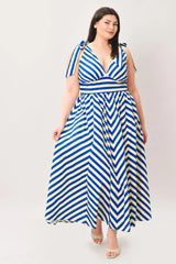 BLUE VOYAGE STRIPE WOVEN MIDI DRESS - Flying Tomato - Flyclothing LLC