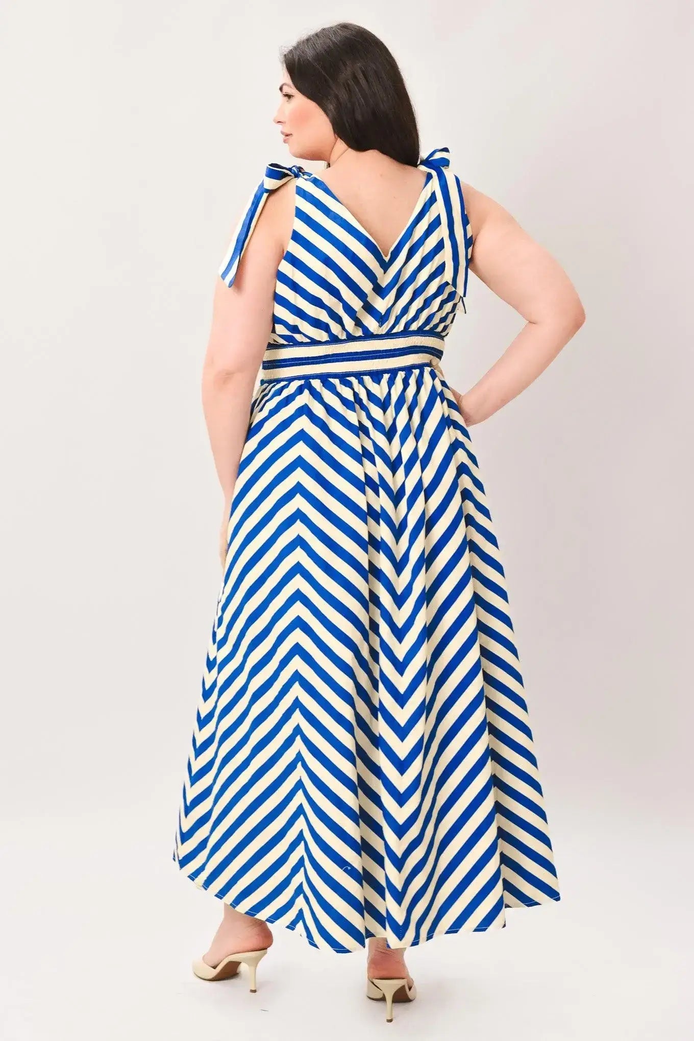 BLUE VOYAGE STRIPE WOVEN MIDI DRESS - Flying Tomato - Flyclothing LLC