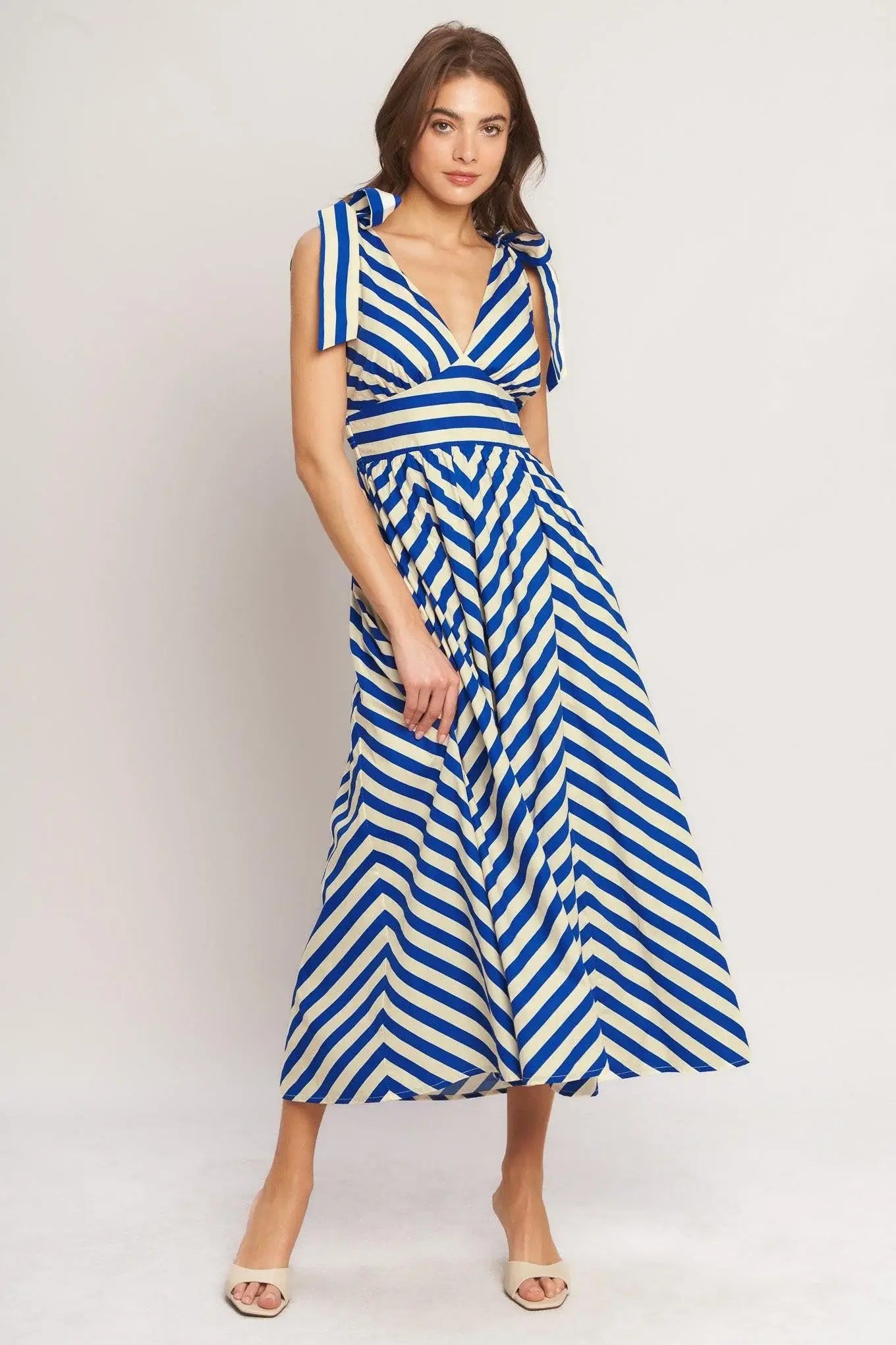 BLUE VOYAGE STRIPE WOVEN MIDI DRESS - Flying Tomato - Flyclothing LLC