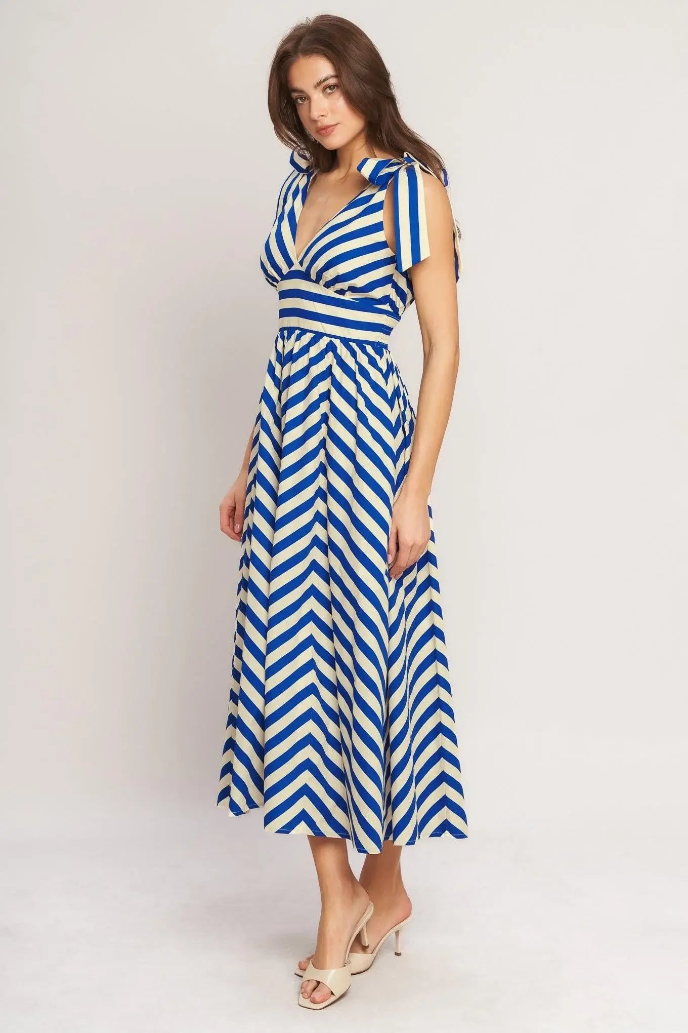 BLUE VOYAGE STRIPE WOVEN MIDI DRESS - Flying Tomato - Flyclothing LLC