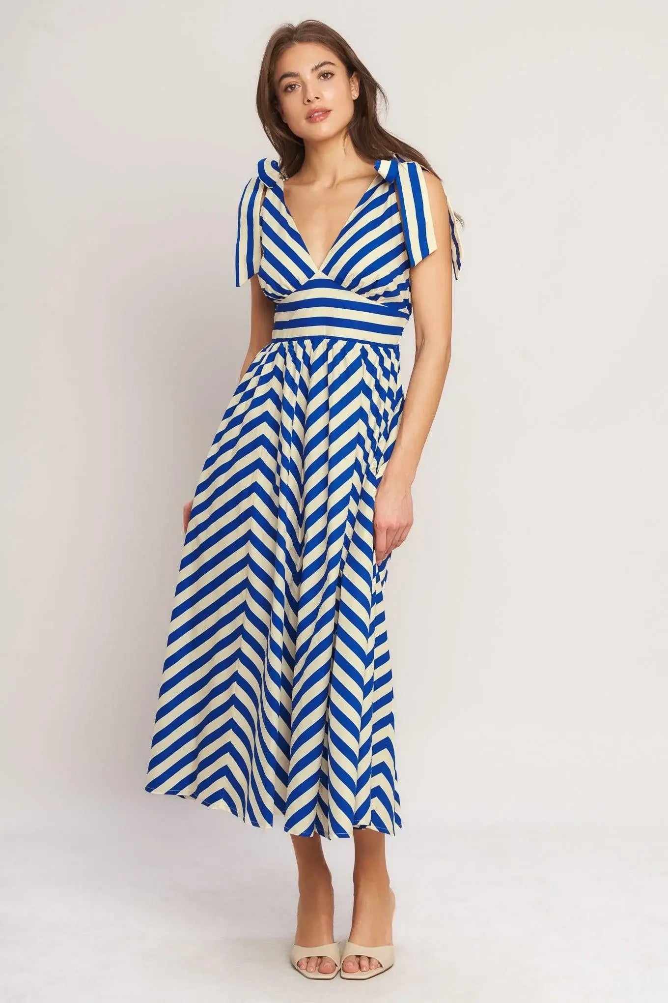 BLUE VOYAGE STRIPE WOVEN MIDI DRESS - Flying Tomato - Flyclothing LLC